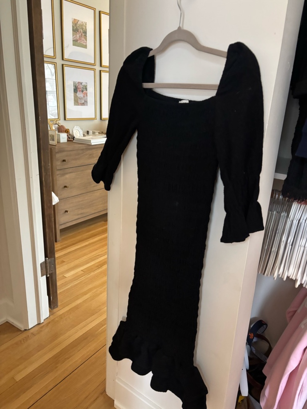 Mango Black Puff-Sleeve Midi Dress with Ruffle Hem